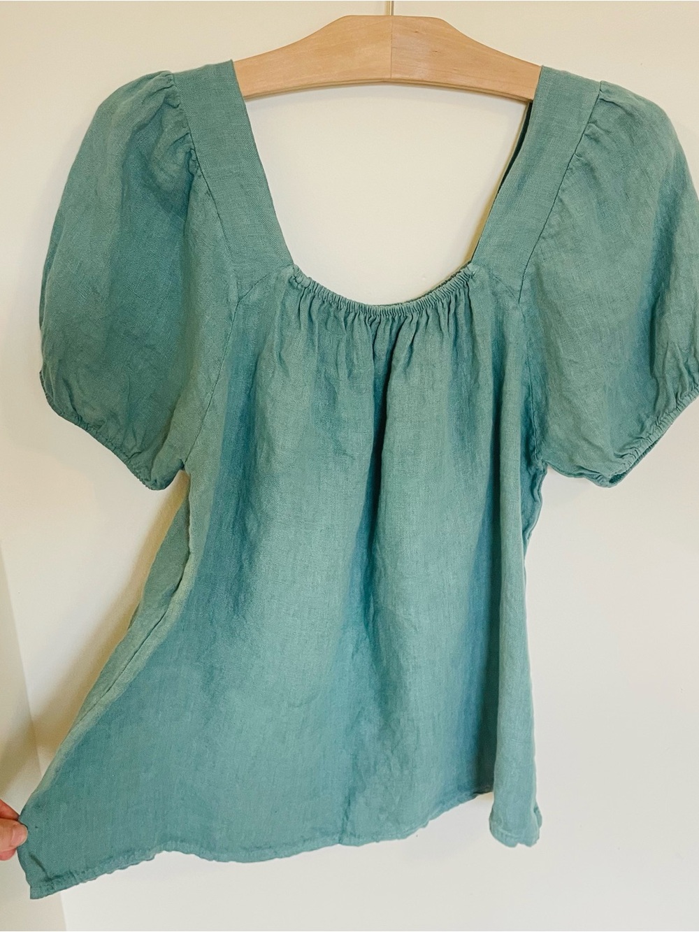 Bellambia Square Neck Puff Sleeve Linen Blouse in Teal - Picture 5 of 6